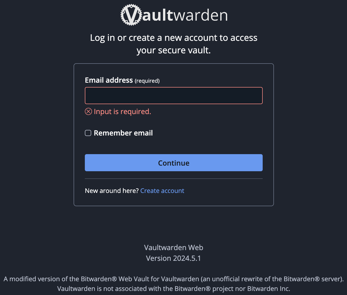 Vaultwarden login page